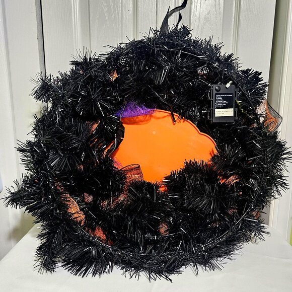 Halloween Wreath Witch Hat Door Decor Light Up Purple Pumpkins Spooky Handmade - Picture 8 of 9